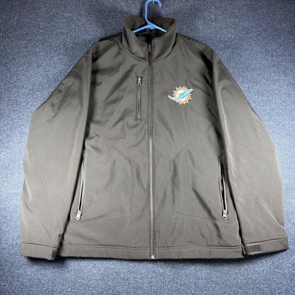 NFL Miami Dolphins Softshell Jacket Mens L 48in Chest Black Fleece Lined Zip